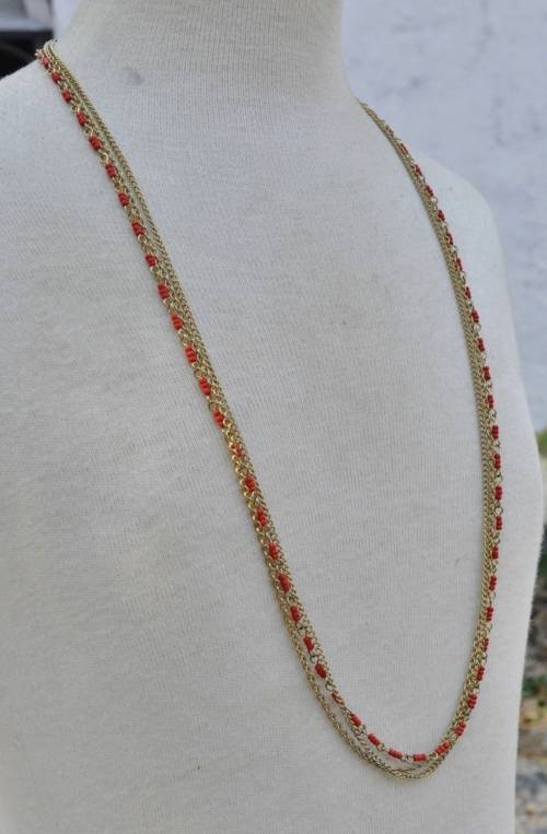 Vintage Gilt Metal Three Strand Chains and Faux Coral Beads Necklace