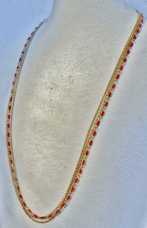 Vintage Gilt Metal Three Strand Chains and Faux Coral Beads Necklace