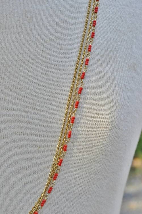 Vintage Gilt Metal Three Strand Chains and Faux Coral Beads Necklace