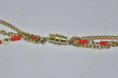 Vintage Gilt Metal Three Strand Chains and Faux Coral Beads Necklace
