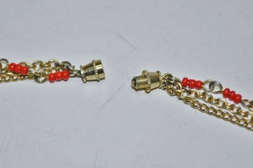 Vintage Gilt Metal Three Strand Chains and Faux Coral Beads Necklace