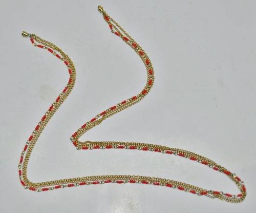 Vintage Gilt Metal Three Strand Chains and Faux Coral Beads Necklace