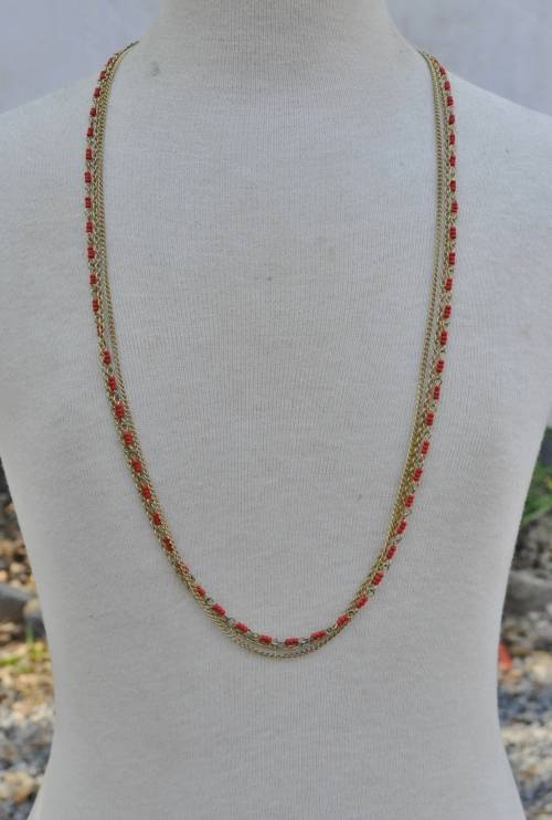 Vintage Gilt Metal Three Strand Chains and Faux Coral Beads Necklace