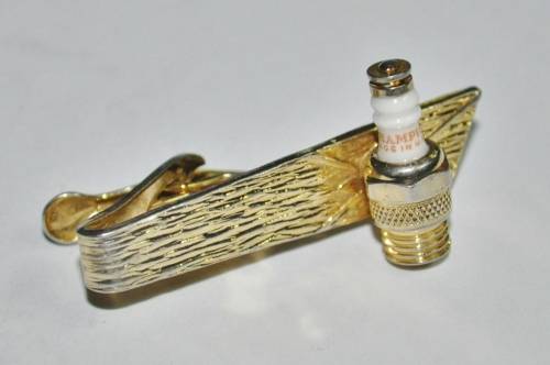 Vintage Gold Tone Tie Clip with Spark Plug Marked Champion Made in the USA