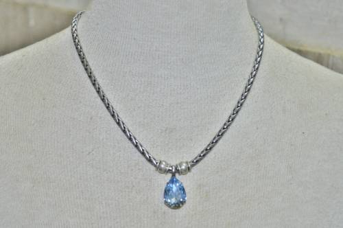 Vintage Antique Silver Tone Chain Necklace with Prong Set Faceted Blue Teardrop Crystal Pendant