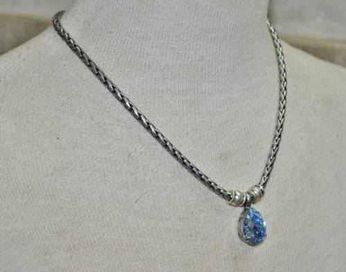 Vintage Antique Silver Tone Chain Necklace with Prong Set Faceted Blue Teardrop Crystal Pendant