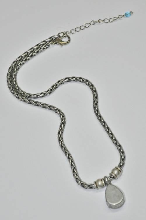 Vintage Antique Silver Tone Chain Necklace with Prong Set Faceted Blue Teardrop Crystal Pendant