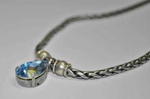 Vintage Antique Silver Tone Chain Necklace with Prong Set Faceted Blue Teardrop Crystal Pendant