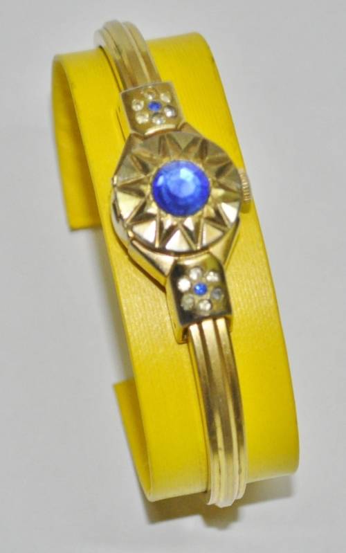 Vintage Swiss Made Cardinal 17 Jewel Gold Plated and Rhinestone Ladies Clamper Bracelet Watch