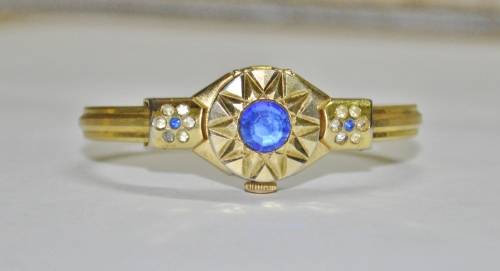 Vintage Swiss Made Cardinal 17 Jewel Gold Plated and Rhinestone Ladies Clamper Bracelet Watch