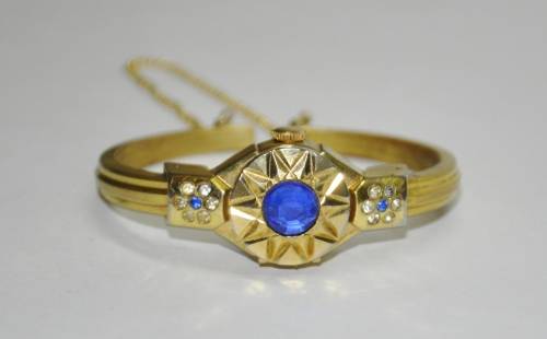 Vintage Swiss Made Cardinal 17 Jewel Gold Plated and Rhinestone Ladies Clamper Bracelet Watch