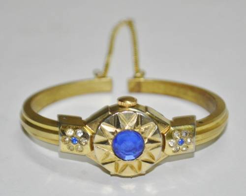 Vintage Swiss Made Cardinal 17 Jewel Gold Plated and Rhinestone Ladies Clamper Bracelet Watch