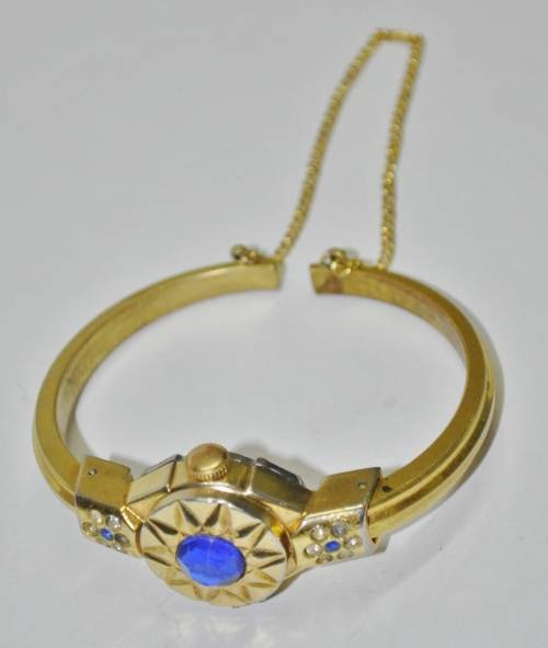 Vintage Swiss Made Cardinal 17 Jewel Gold Plated and Rhinestone Ladies Clamper Bracelet Watch
