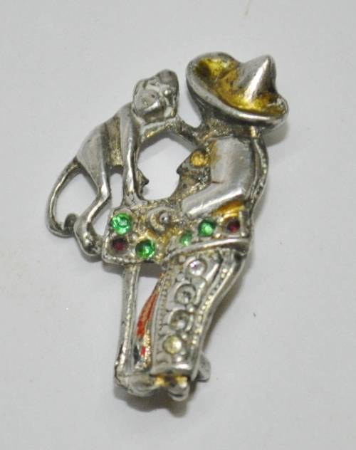 Vintage Silver Tone and Rhinestone Organ Grinder and Monkey Brooch Pin
