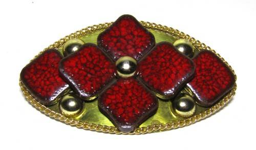 Vintage Gold Tone Belt Buckle with Red Ceramic Decoration