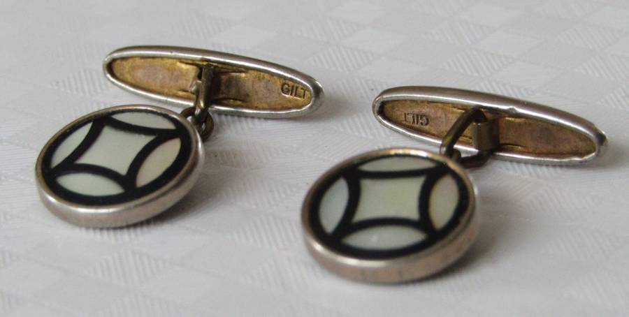 Vintage Art Deco mother of pearl and onyx cufflinks marked `Gilt`