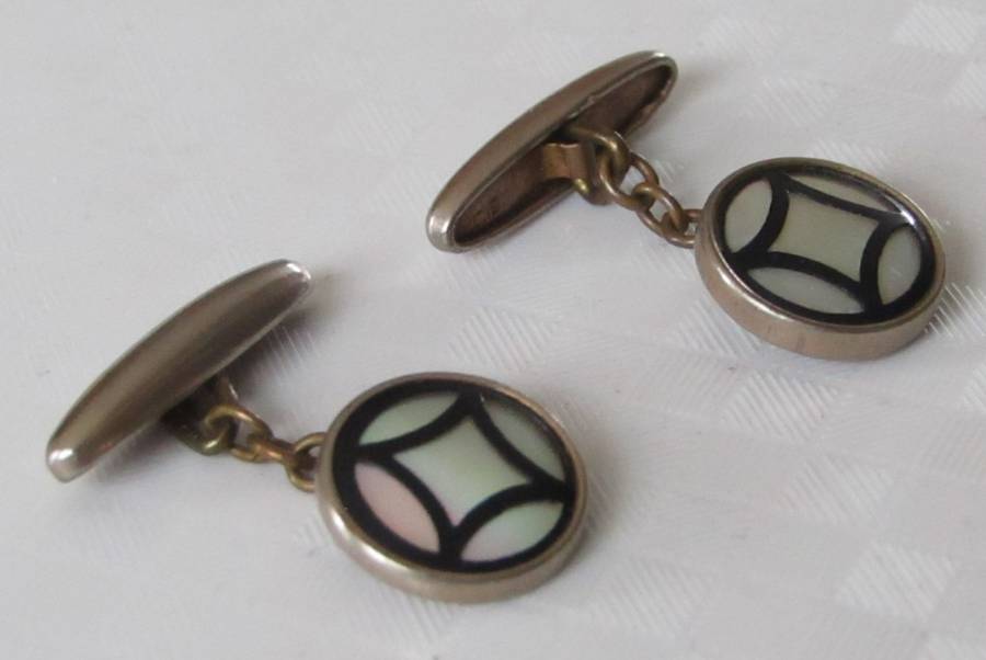 Vintage Art Deco mother of pearl and onyx cufflinks marked `Gilt`