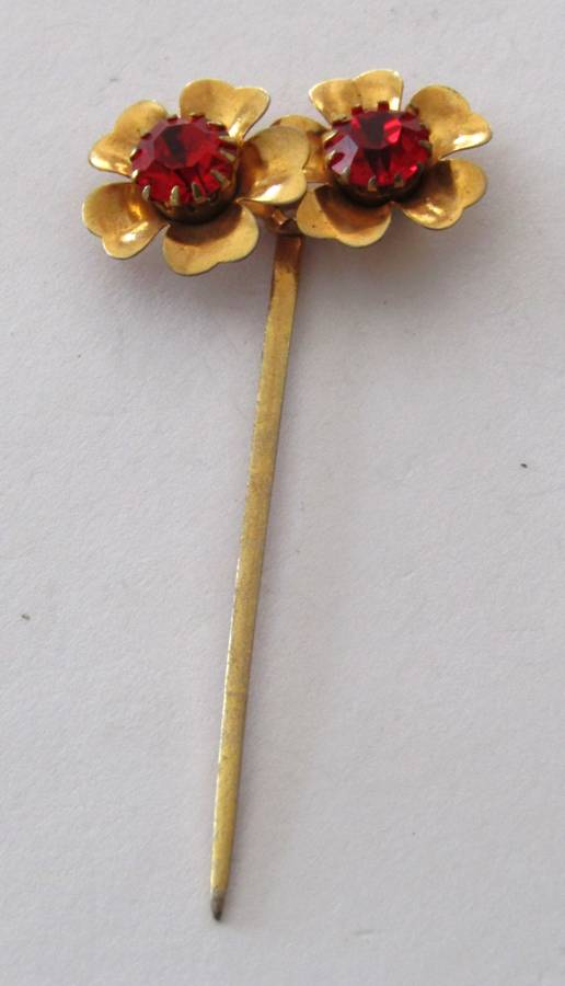 Vintage Bohemian Gold Tone and Prong Set Ruby Rhinestone Flower Stick/Hat pin