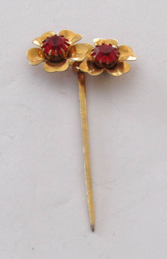 Vintage Bohemian Gold Tone and Prong Set Ruby Rhinestone Flower Stick/Hat pin