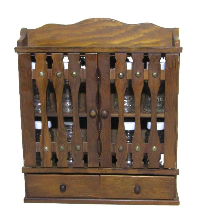 1970s Retro wooden spice rack/wall cabinet with doors, drawers, and glass bottles
