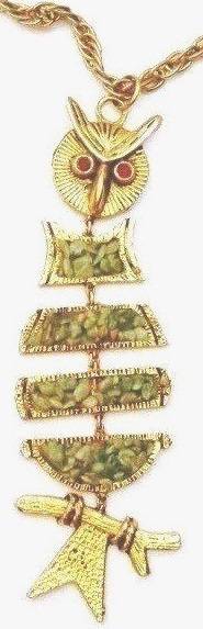 Vintage gold tone Jelly Belly owl pendant and chain with jade stones c1940