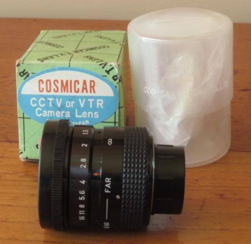 Vintage Japanese made Cosmicar CCTV or VTR 8.5 mm F 1.5 camera lens in original box 