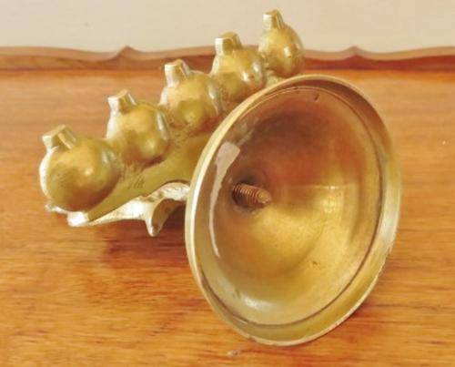 Vintage solid brass Hindu goddess Saraswati with 5 oil lamps on an engraved base