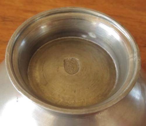 Vintage European pewter double handled porringer bowl on a raised foot
