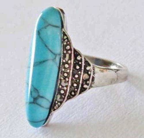 Silver tone fashion ring with turquoise and marcasite (Size 10)