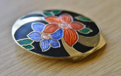 Vintage gold tone scarf clip with floral cloisonne decoration
