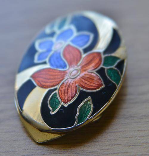 Vintage gold tone scarf clip with floral cloisonne decoration