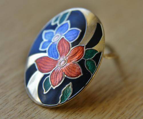 Vintage gold tone scarf clip with floral cloisonne decoration