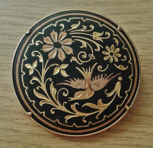 Vintage Damascene gold tone bird and flowers brooch pin