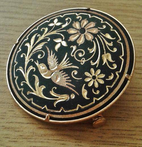 Vintage Damascene gold tone bird and flowers brooch pin