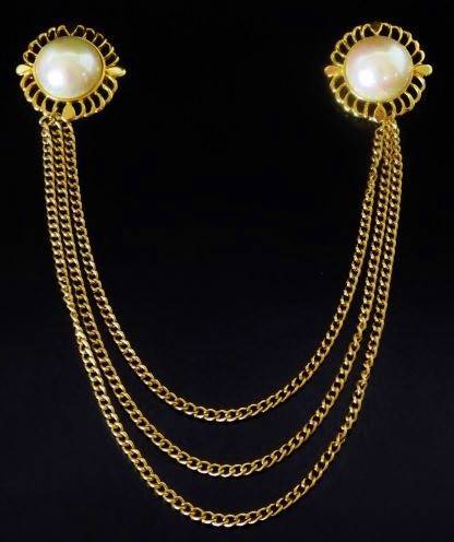 Vintage gold tone faux pearl double brooch pin connected with three chains