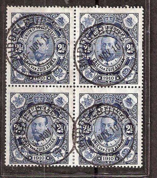 EXHIBITION PIECE. 1910 21/2C BLOCK OF 4 FIRST DAY CANCELATION. EACH STAMP CANCELLED