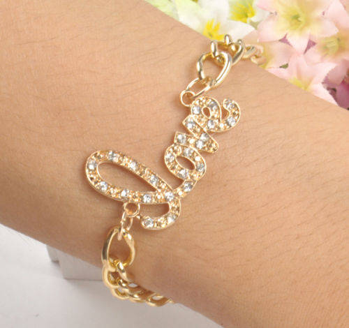 Lovely Gold Plated "LOVE" Bracelet With Rhinestones