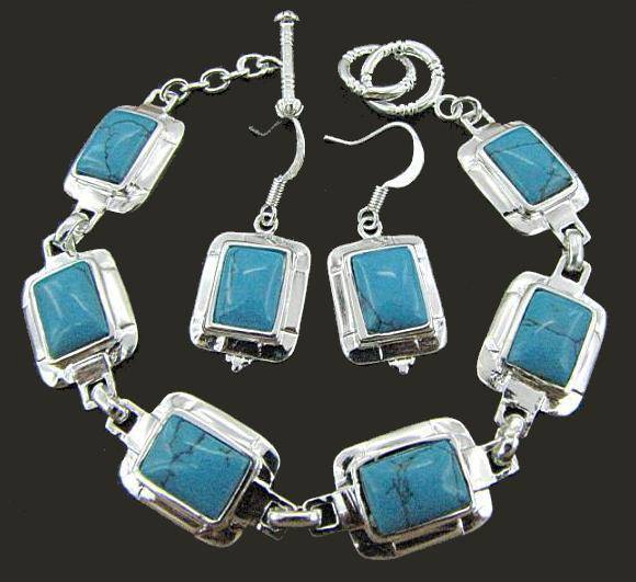 925 Sterling Silver TURQUOISE Gemstone Earrings & Bracelet Jewellery Set