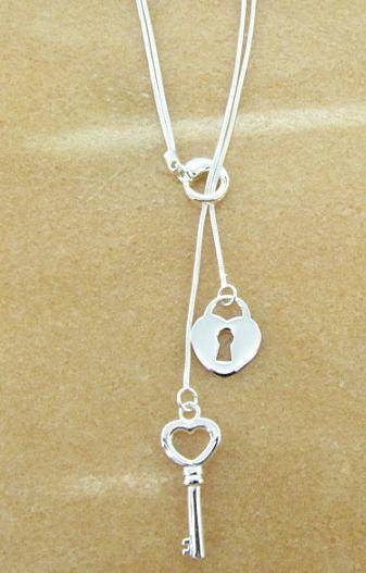 925 Sterling Silver EP Lariat NECKLACE - Key & Lock - (Ready to Ship)