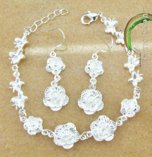 Lucky Silver Butterly & Flower Earrings, Bracelet Set