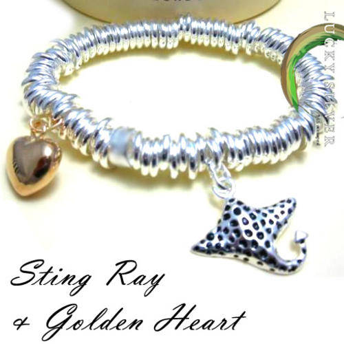 NEW!!! 925 Sterling Silver Golden Heart & Sting Ray Charm Bracelet - Designer Inspired (IN STOCK)