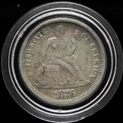 1876 U.S. Seated Liberty Dime. Silver .9000Ag  17.9 mm Diam. Ungraded VF
