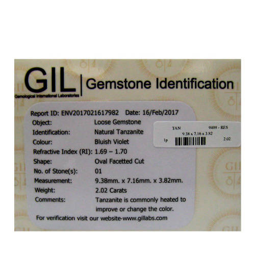 2.02 ct "GIL" CERTIFIED INCOMPARABLE TOP BLUISH VIOLET 100% NATURAL TANZANITE VVS