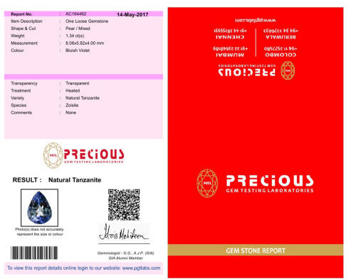 NATURAL 1.34 ct PGTL Certified Impressive Pear Shape (8 x 6 mm) Bluish Violet Tanzanite