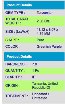 NATURAL! 2.86 Ct IF Fabulous Pear Cut 11 x 8 mm Natural Greenish Purple Blue Tanzanite