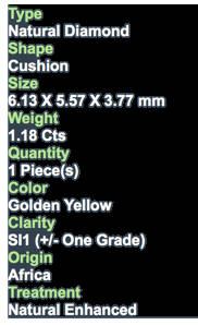 ***CERTIFIED***1.18CT NATURAL SPARKLING RARE FANCY GOLDEN YELLOW COLOR CUSHION CUT DIAMOND SI1+-