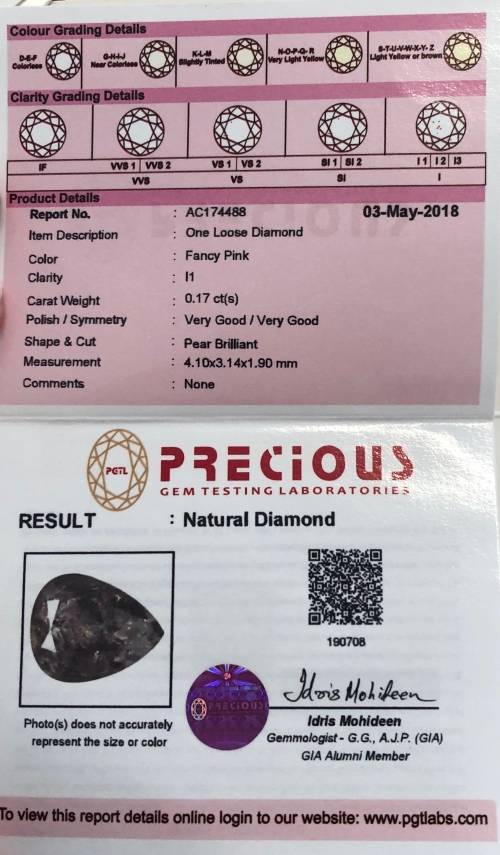 CERTIFIED***0.17CT NATURAL SPARKLING RARE FANCY PINKISH COLOR PEAR CUT DIAMOND I1+-