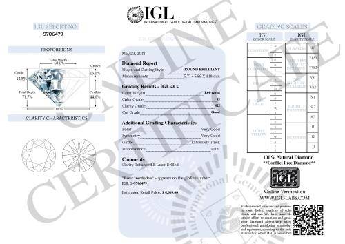 **IGL CERTIFIED R58563**1.00CT ENHANCED NATURAL WHITE 'G' ROUND CUT DIAMOND Si2+-
