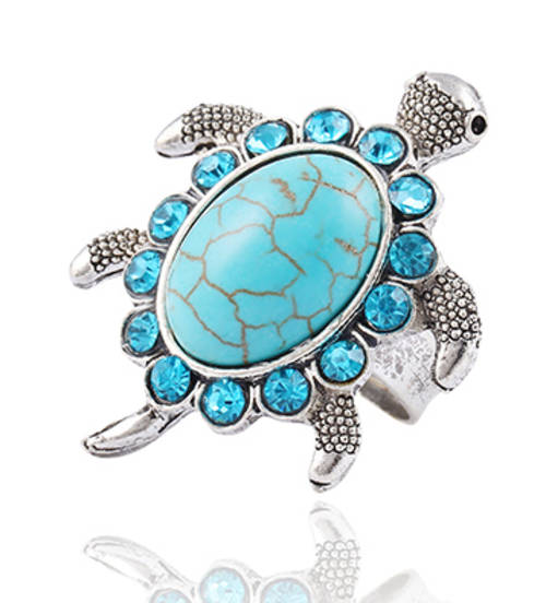 PHENOMENAL!! RESIZABLE RETRO STYLE TURQUOISE TORTOISE SILVER PLATED WITH SIMULATED DIAMOND RING