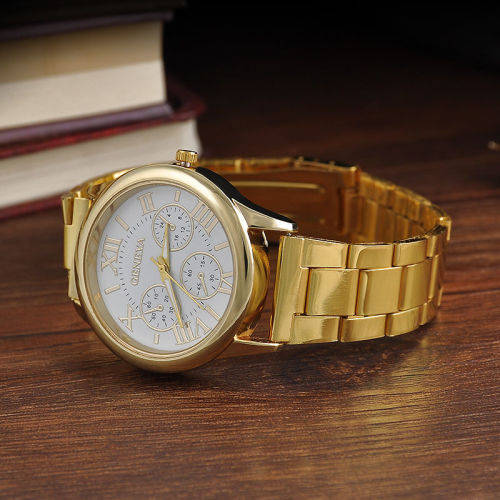 Roman Analog Geneva Luxury Man Gold Stailess Steel Quartz Wrist Watch